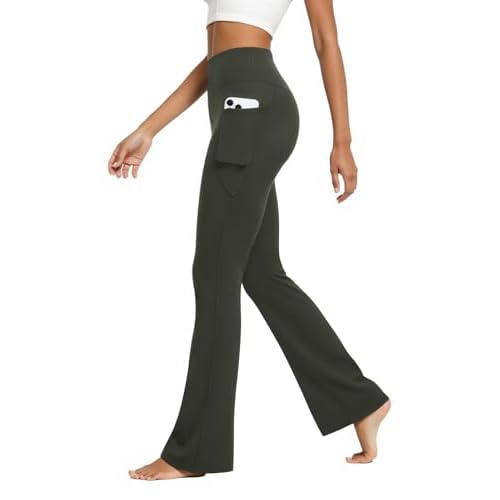 DLOODA Womens Flare Yoga Pants with Pockets High Waist Tummy Control Flared Leggings Bell Bottom Gym Workout Leggings Army Green XX-Large