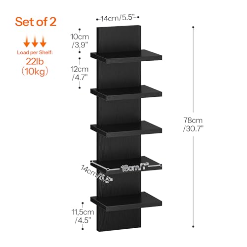 Image of HOOBRO 5 Tier Wall Shelf Unit, 2 Pack Floating Shelves for Wall, Wall Mounted Shelves for Storage, Vertical Display Shelf, Organizer Tall Tower Design for Livingroom Bedroom Kitchen, Black BK18BJP201
