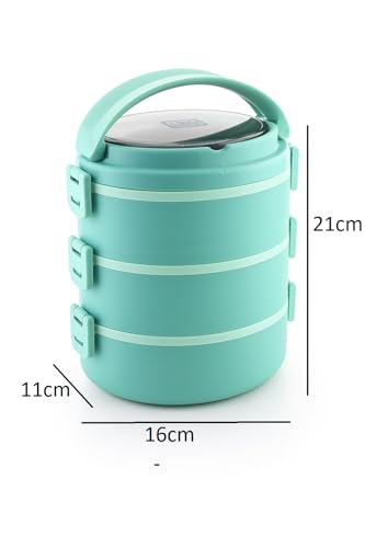 Image of 3 Layer Stainless Steel Insulated Lunch Box-Tiffin Box for Kids,Adults| Leak Proof Double Wall Lunchbox for Office, School Use with Spoon & Lid -Color May Vary (Oval)