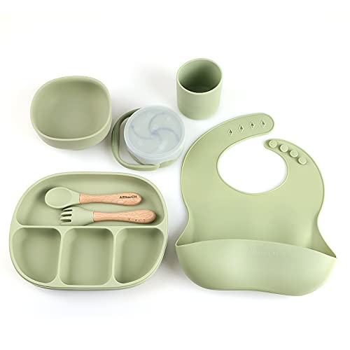 Allstarch 7 Piece Baby Feeding Set - Toddler Plate & Bowl With Suction, Adjustable Silicone Bib, Snack Cup With Lid, Water Cup & Utensils - Baby Tableware Set, Toddler Eating Supplies #TOP1