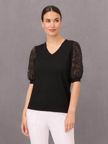 Image of Adrianna Papell Women's 3 /4 Floral Burnout Sleeve V-Neck Sweater