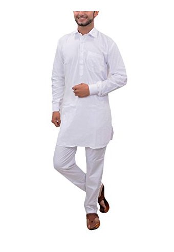 White Blended Pathani Kurta Pyjama Set-image-22