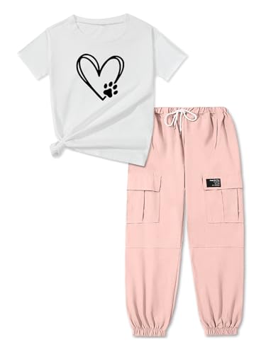 Image of ARTMINE Girls' 2 Piece Outfits Casual Drawstring Jogger Pants and Basic Short Sleeve Top Set, 6-14 Years