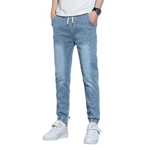 Men Street Jeans Elastic High Waisted Lace Up Denim Pants Bound Trousers