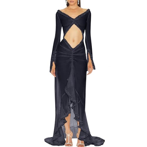 Womens Ruffle Bodycon Maxi Dress Sexy High Slit Cut Out Off Shoulder Wedding Party Gown Long Sleeve Cocktail Dress Black : Clothing, Shoes & Jewelry