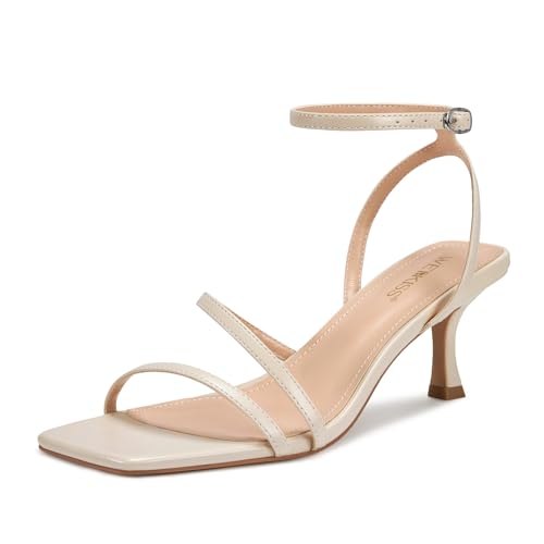 wetkiss Beige Heels for Women Cream Kitten Heels Strappy Woman Sandals Low Heeled Sandal Cute Strappy Square Toe, Beige, Size 8.5