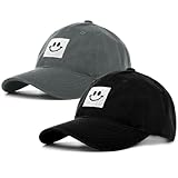 KIRAAT 2 Pack Smiley Face Baseball Cap for Women Men,Adjustable Washed Cotton Low Profile Dad Hat (US, Alpha, One Size, Black＆Grey)