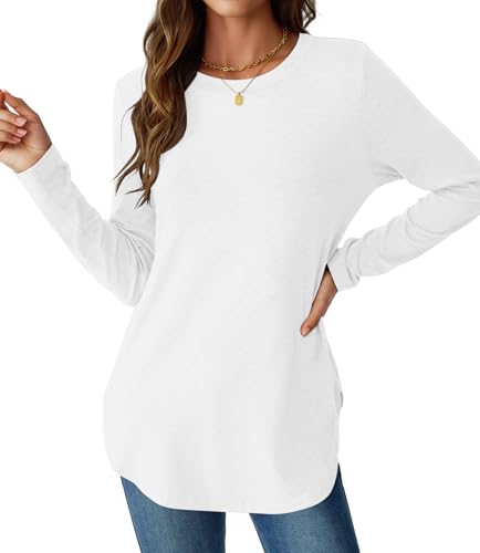 NORACORA Womens Tops Crewneck Long Sleeve White Shirts Side Slit Loose Fit Top Curved Hem Casual T-Shirts Fall Outfits White M