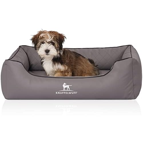 Knuffelwuff orthopädisches Hundebett Madison aus Kunstleder Hundekorb Hundesofa Hundekissen Hundekörbchen waschbar Grau M-L 85 x 63cm