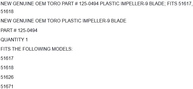 Replacement for TORO GENUINE PART # 125-0494 PLASTIC IMPELLER-9 BLADE; FITS 51617, 51618 OEM