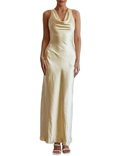 Image of KOUNAI Satin Backless Formal Maxi Dresses for Women Wedding Guest | Silk,Cowl Neck,Drape Neck,Open Back,Sleeveless,Tie Back,Elegant,Cocktail,Bridesmaid,Beach,Vacation,Party,Graduation,Midi