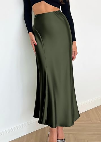 Image of KIRUNDO Women's Satin Maxi Skirt 2026 Summer Fall Trendy High Waisted Wedding Cocktail Party Work Silk A-Line Formal Skirts