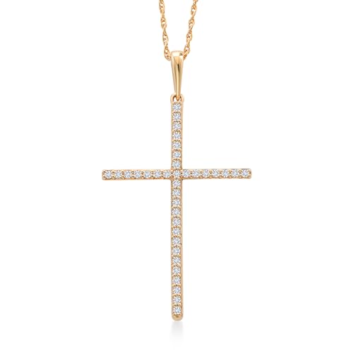 Gem Stone King 10K Yellow Gold White Lab Grown Diamond Cross Crucifix Pendant Necklace For Women (0.14 Cttw, G-H Color, 36 Diamonds, 1 1/4 inch, Comes with 18 Inch Chain)