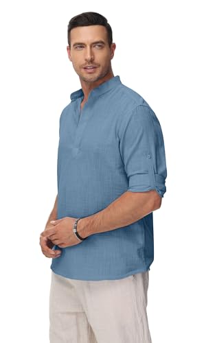 VANCOOG Cotton Linen Shirts for Men Lightweight Casual Long Sleeve Henley Beach Hawaiian Tshirt Denim Blue L — view 4