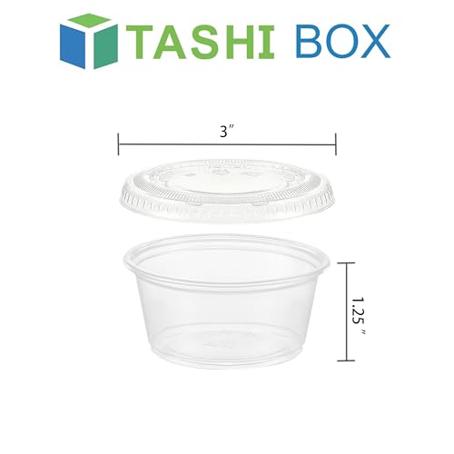 Image of TashiBox 100 Sets 3.25 oz Plastic Disposable Portion Cups with Lids, Souffle Cups, Jello Cups, Snack Cups