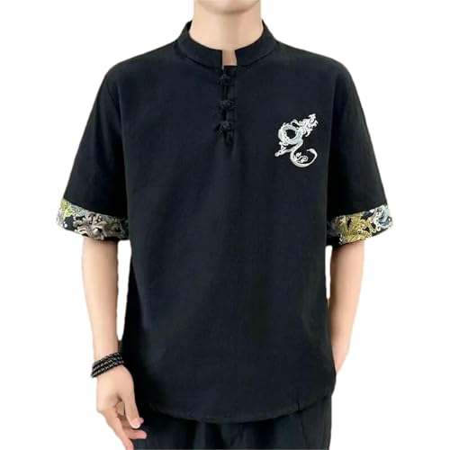 Chemise brodée de dragon pour homme en lin et coton mélangé à manches courtes