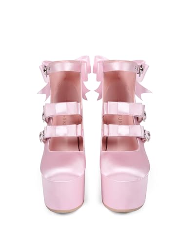 Mary Jane Sweet Lolita Platform High Heeled Pumps, Kawaii Cosplay Anime Satin Lace Bow Ribbon Heart Buckle, Y2K Punk Goth Hot Lovely Girl Big Large Size Baroque Shoes for Women Men2