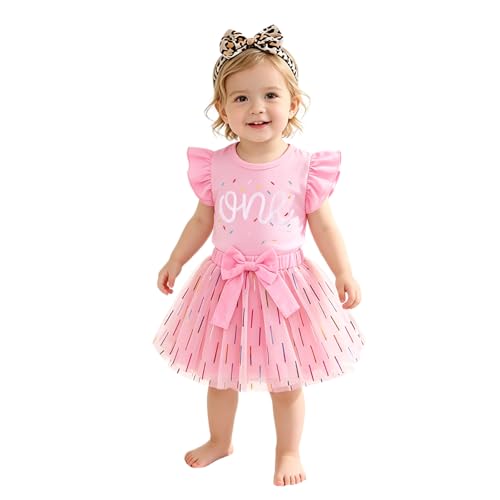 Neugeborenes Baby Mädchen Outfit Ersten Geburtstag Rock Set Geraffte Ärmel T-Shirt und Tütü Tüllrock 1.Geburtstags Bekleidungssets Sommer 2-teiliges Kleidung ONEShirt+Netzrock(1 Jahre Bänder)