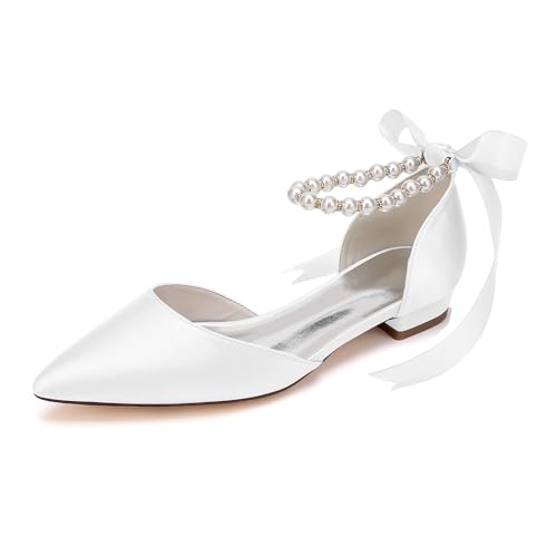 Pearl-Laced Satin Flats with Open Back - Elegant Comfort for Women