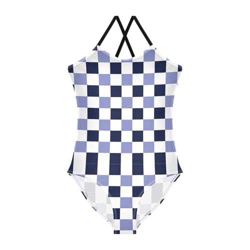 Image of Black and White Chess Girls One Piece Swimsuits Board Marble Tile Sport Halter Swimwear Beach Bathing Suit 3T