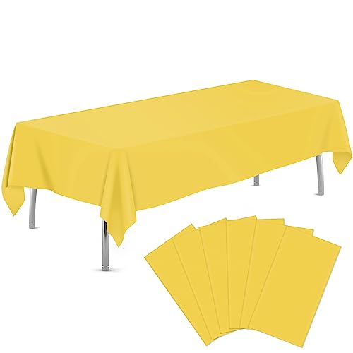 Image of tujol Yellow 6 Pack Plastic Table Cloth 54 inch x 108 inch, Disposable Tablecloths Rectangle Table Cover, Plastic Tablecloths for Parties