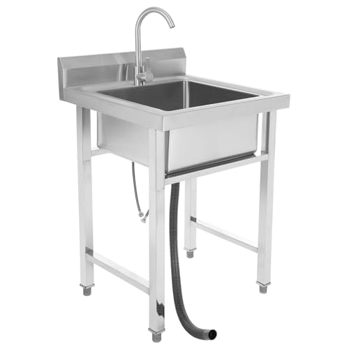 TESUGN Fregadero de cocina de acero inoxidable, 1 bandeja multifunción con grifo caliente y frío, lavabo independiente para garaje, taller, lavandería, camping, 93 x 60 x 60 cm