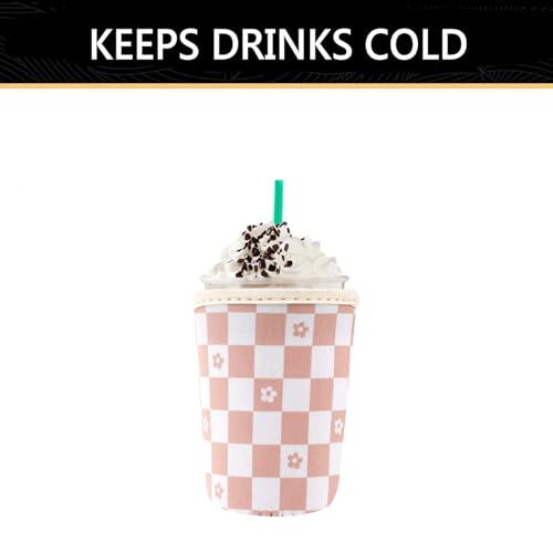 Image of YR Reusable Neoprene Insulator Sleeve for Iced Coffee Cups, 3 Pack Coffee Coolies sleeves for Iced & Hot Drinks, Cold Beverage Cooler Compatible with Starbucks Coffee and More (Floral Checkered)