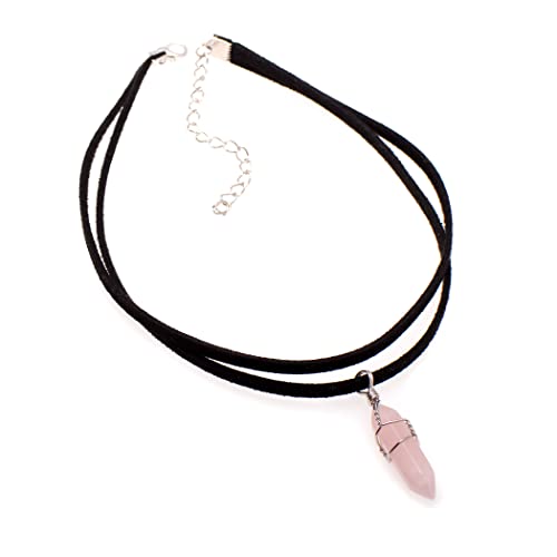 Paialco Hand Wired Healing Crystal Point Charm Double Layers Black Rope Choker Necklace, Rose Quartz #TOP4