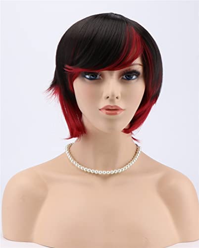 Cosplaza Cosplay Wigs Short Black Red Female Anime Show Heat Resistant Party Hair (Black/Red) #TOP2