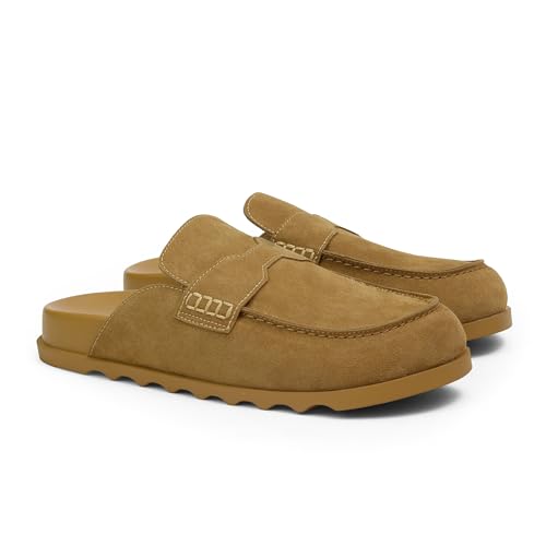 iiimmu Womens Suede Mule Loafers Backless Slip-On Flats Comfort Casual Round Toe Slides (5.5, Warm Khaki)