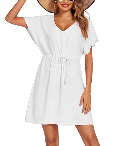 Image of Ekouaer Womens Swimsuit Coverup Short Sleeve Beach Cover Up Dress V Neck Bikini Beachwear