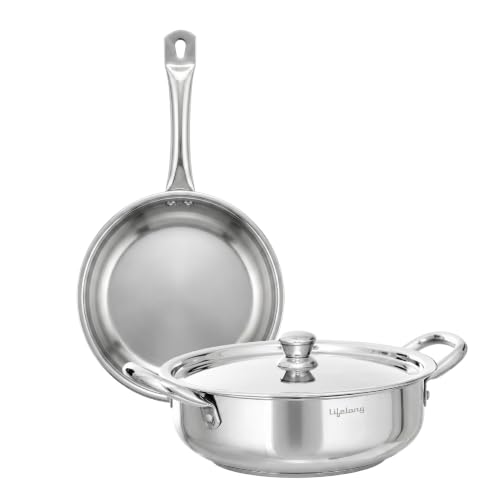 Image of Lifelong Stainless Steel Kadhai (2.5L) & Fry Pan (1.5L) with SS Lid | Induction Bottom, Riveted Handle, Durable Build, Even Heating, Scratch-Free, Dishwasher Safe| Ideal for Frying, Sauteing & Gravies