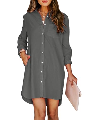 Image of Aoudery Womens Button Down Shirt Dresses with Pockets Cotton Button Up Tunics Long Sleeve Solid High Low Blouse Tops