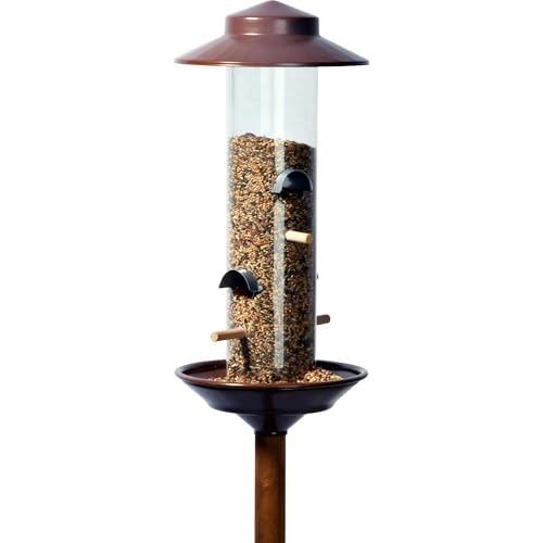 LUXUS-VOGELHAUS 28810 Große Futtersäule inklusive Ständer - Vogelfutterspender aus Kunststoff - Futterstation für Wildvögel - Futterteller für den Garten - 16,5 x 16,5 x 138,5 cm - Bronze