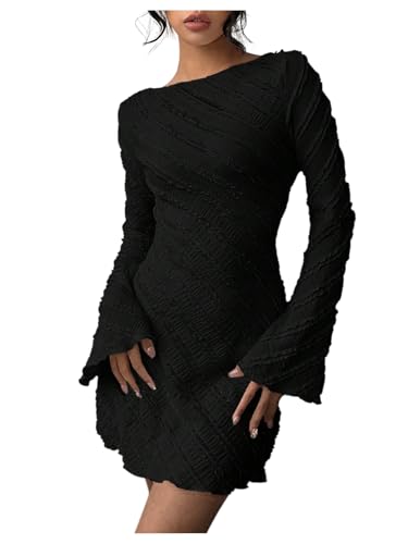 Floerns Women's Summer Mini Dress Flare Sleeve Boat Neck Textured Going Out Dresses