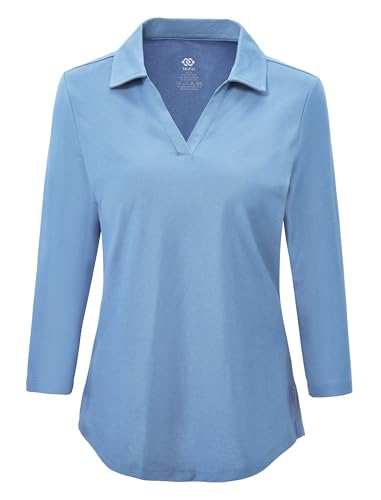 MoFiz Damen 3/4 Ärmel Arbeit Poloshirt Baumwolle Golf Polo Sommershirts Atmungsaktiv Sport Aktivbekleidung mit V-Ausschnitt Hellblau XL