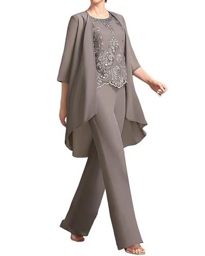 CSYPJYT 3 Pieces Mother of The Bride Pant Suits Chiffon Lace 3/4 Sleeve Pant Set Wedding Guest Outfits with Jacket4