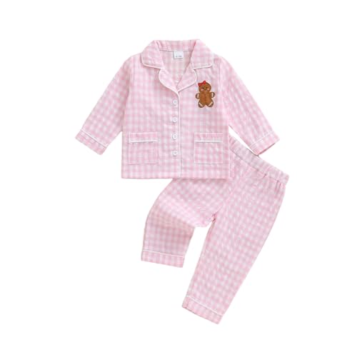Multitrust Kids Baby Girls Boys Plaid Cotton Pajamas Set Long Sleeve Button Down Shirts Tops and Pants Gingham Pj Lounge Sets