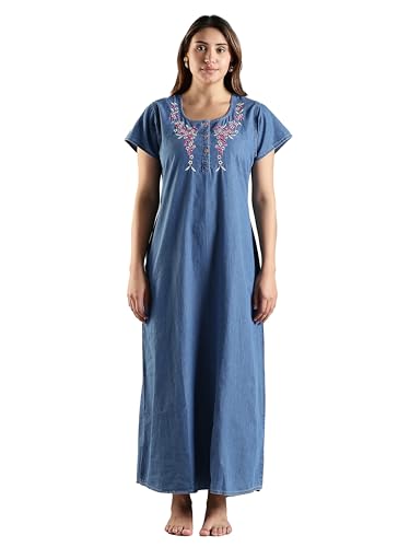 Image of 9shines Label Stylish Denim Cotton Nighty Maxi for Women | Full Length Trendy Nightgown | Premium Nightdress | Nightwear | Embroidery Nighty with Pocket (9SDS)
