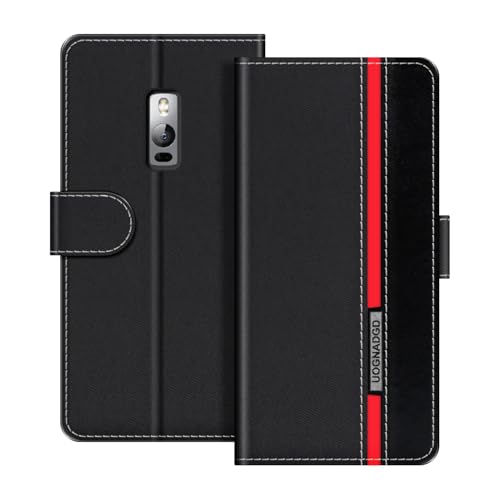 UOGNADGD Lederhülle Kompatibel mit Oneplus Two Klappbares Portemonnaie-Hülle mit Magnetverschluss Ständer & Kartenfächern stoßfestem Schutz (Schwarz)