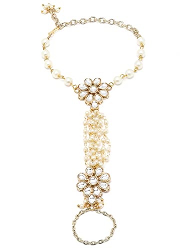 Image of Karatcart Gold Plated Baby Pink Pearl Chain Kundan Hathphool