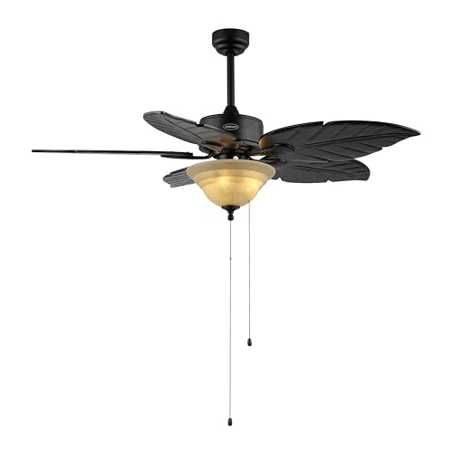 JONATHAN Y 52" Black Coastal Bohemian Palm Leaf LED Ceiling Fan, 3-Light Rustic Wood Blades with Pull Chain for Living Room, Frosted Glass Shade, LED Bulbs Included JYL9720A