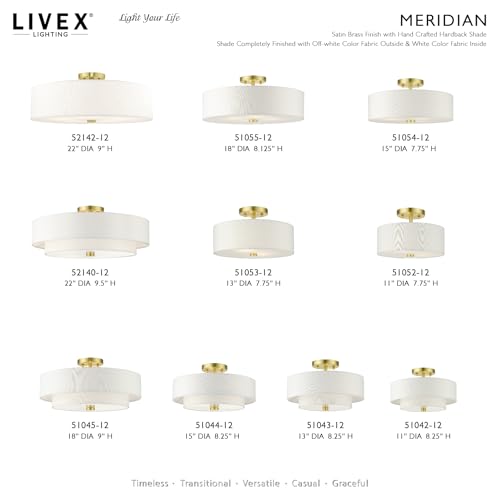 Image of Livex Lighting 51055-12 4-Light Semi Flush Ceiling Light, Satin Brass | Off-White Hardback Fabric Shade