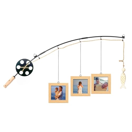 ZeenArt Fishing Pole Picture Frame - Fishing Wall Decor with 3-Pack 4' x 4' Wood Frames for Lake Cabin Farmhouse