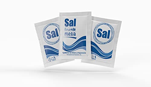 Sal fina de mesa, monodosis, sobres individuales de 1.000 uds 1g. Envase protector de Polipropileno 100% reciclable.