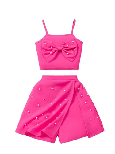 Image of OYOANGLE Girl's 2 Piece Outfit Bow Pearl Cami Crop Top and A Line Cute Skort Set