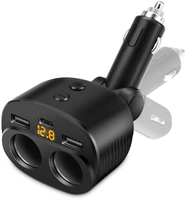 Rocketek 2-Socket Car Splitter, 90° Adjustable Double Cigarette Lighter Adapter, 12V/24V 80W Car Cigarette Lighter Splitte with LED Voltmeter & Dual USB Outlet for iPhone/iPad/Android Phone/GPS