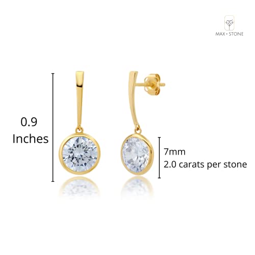 4 Carat Cubic Zirconia Solitaire Round Dangle Earrings For Women In 14K Yellow Gold (4 Ct.tw) With Push Backs And 8 Mm Cz Bezel By Max + Stone #TOP3