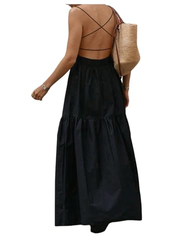 SOLY HUX Women's Summer Maxi Dress Criss Cross Backless Spaghetti Strap Ruffle Flowy Long Cami Dresses Sundress
