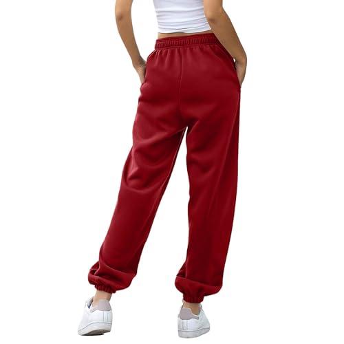 Calça de moletom feminina casual solta cintura alta com cordão e bolsos, Vermelho, XGG